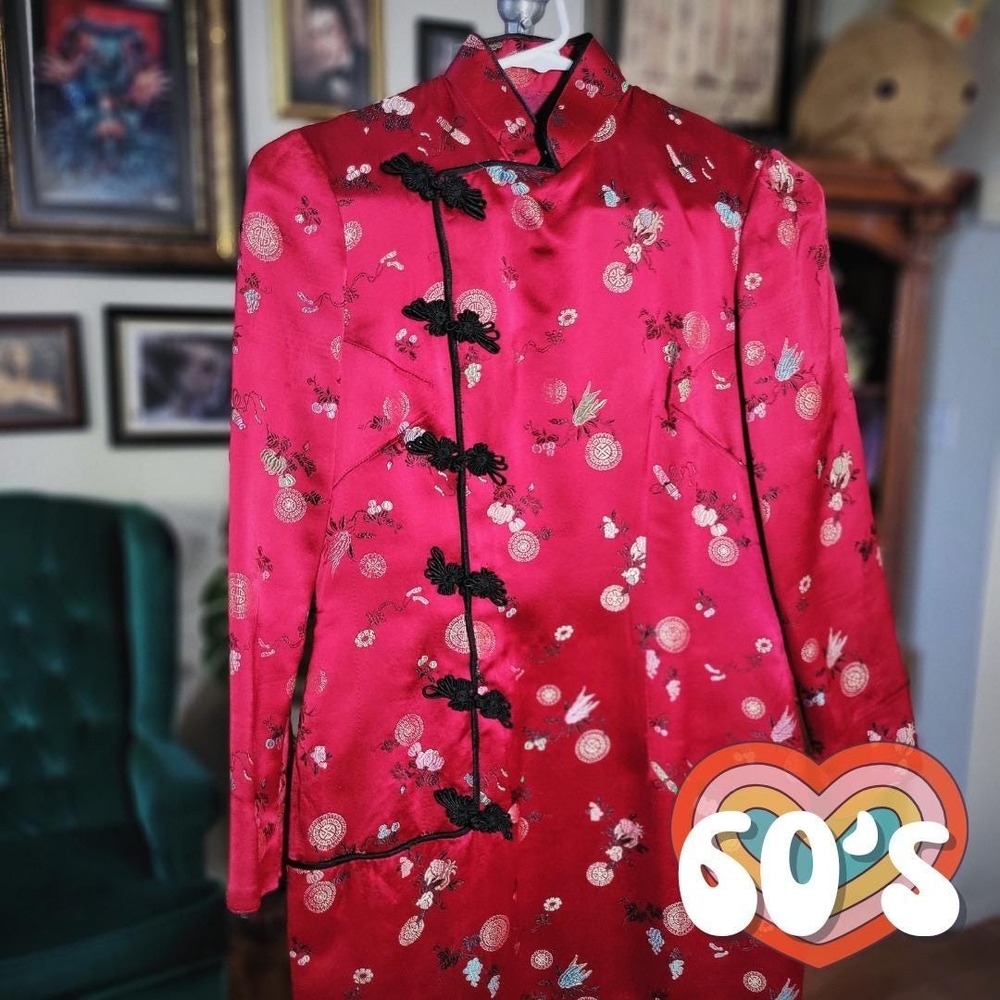 Vintage 1960s Red Satin Cheongsam Dress with Black Frog Closures Floral